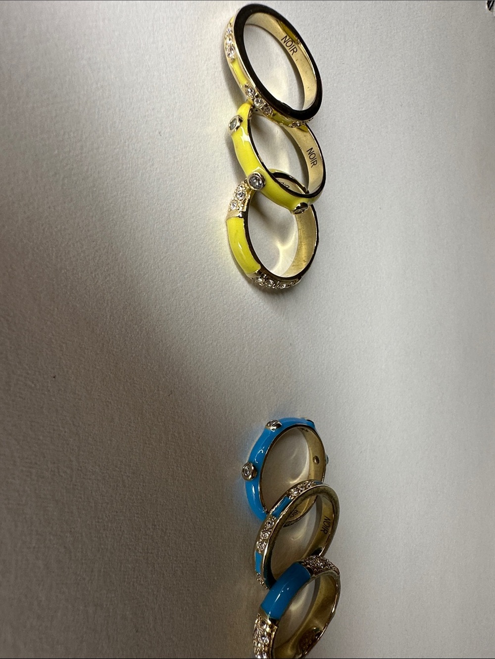 nOir Jewelry Yellow and Blue Enamel Stackable Ring Set with Crystal Accents